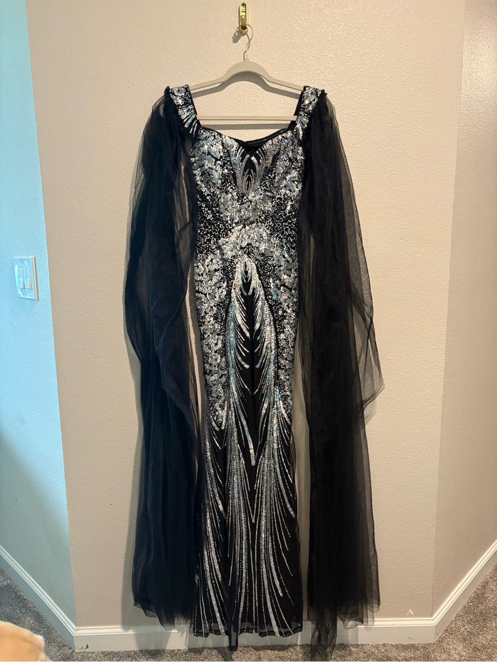 Elegant Black Sequin Embellished Maxi Dress with Sheer Cape